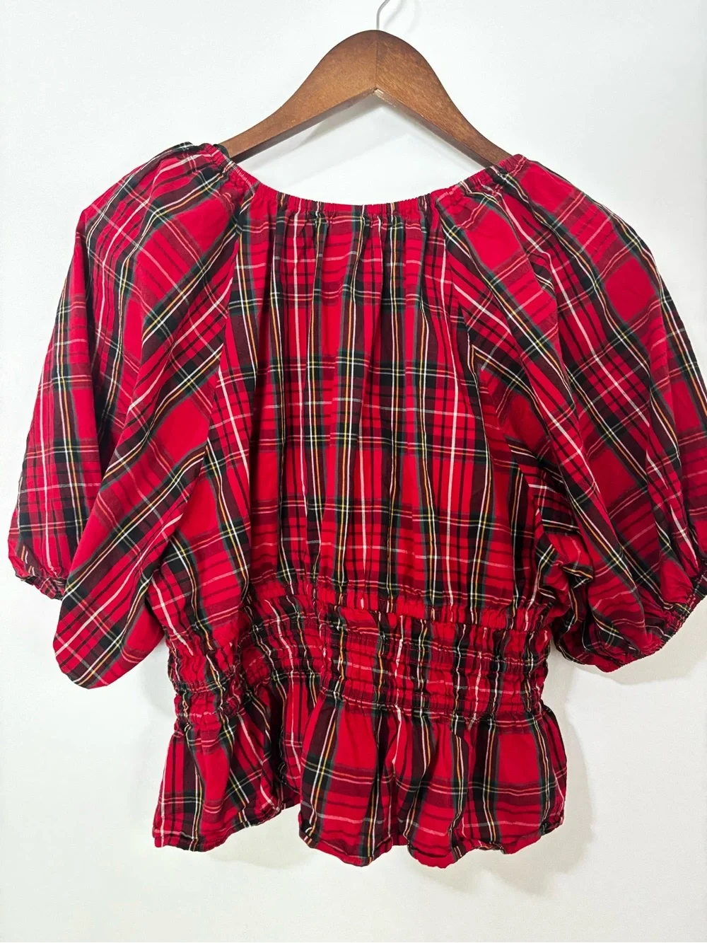 Old Navy Red Tartan Plaid Puff Sleeve Smocked Peplum Top Size L Cottagecore